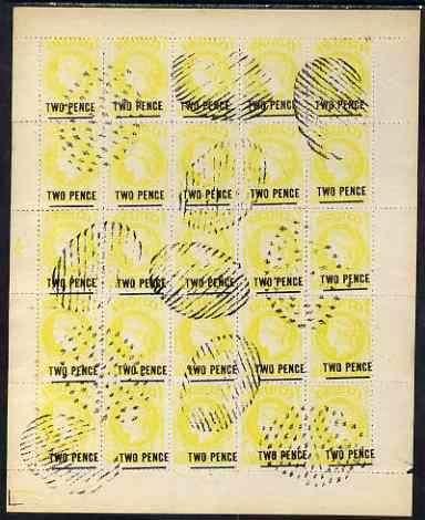 St Helena Forgery 2d on 6d yellow by Spiro Brothers (West type 1) complete perf sheet of 25 (plate b) used and most attractive, rarely offered, stamps on forgery, stamps on forgeries, stamps on 