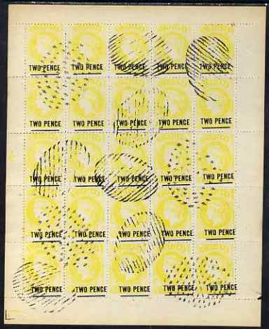 St Helena Forgery 2d on 6d yellow by Spiro Brothers (West type 1) complete perf sheet of 25 (plate b) 'used' and most attractive, rarely offered, stamps on , stamps on  stamps on forgery, stamps on  stamps on forgeries, stamps on  stamps on 