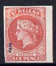 St Helena Forgery 6d red from the Fournier Album (West type 9) imperf with FAUX handstamp, one of the very best St Helena forgeries, stamps on forgery, stamps on forgeries, stamps on 