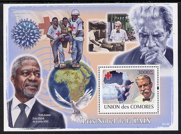 Comoro Islands 2008 Nobel Peace Prize Winners perf s/sheet unmounted mint, stamps on personalities, stamps on nobel, stamps on peace, stamps on music, stamps on religion, stamps on schweitzer, stamps on red cross