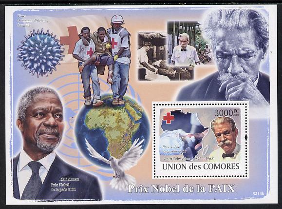 Comoro Islands 2008 Nobel Peace Prize Winners perf s/sheet unmounted mint, stamps on personalities, stamps on nobel, stamps on peace, stamps on music, stamps on religion, stamps on schweitzer, stamps on red cross
