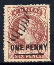 St Helena Forgery 1d on 6d red-brown by Spiro Brothers (West type 1) 'used' single. (Please note: we have a modest stock of this item so the one you receive may not be identical to the one scanned), stamps on , stamps on  stamps on forgery, stamps on  stamps on forgeries, stamps on  stamps on 