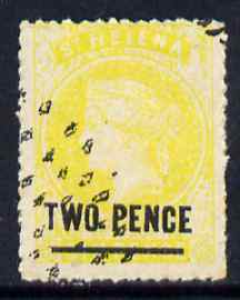 St Helena Forgery 2d on 6d yellow by Spiro Brothers (West type 1) 'used' single. (Please note: we have a modest stock of this item so the one you receive may not be identical to the one scanned), stamps on , stamps on  stamps on forgery, stamps on  stamps on forgeries, stamps on  stamps on 