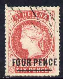 St Helena Forgery 4d on 6d red by Spiro Brothers (West type 1) 'used' single. (Please note: we have a modest stock of this item so the one you receive may not be identical to the one scanned), stamps on , stamps on  stamps on forgery, stamps on  stamps on forgeries, stamps on  stamps on 