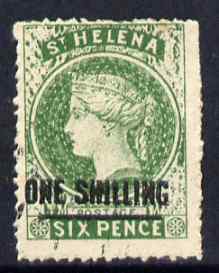 St Helena Forgery 1s on 6d green by Spiro Brothers (West type 1) 'used' single. (Please note: we have a modest stock of this item so the one you receive may not be identical to the one scanned), stamps on , stamps on  stamps on forgery, stamps on  stamps on forgeries, stamps on  stamps on 