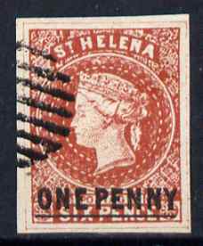 St Helena Forgery 1d on 6d red-brown by ??? (West type 8, identified by additional frame line) 'used' single. (Please note: we have a modest stock of this item so the one you receive may not be identical to the one scanned), stamps on forgery, stamps on forgeries, stamps on 