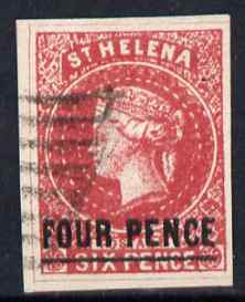 St Helena Forgery 4d on 6d red by ??? (West type 8, identified by additional frame line) 'used' single. (Please note: we have a modest stock of this item so the one you receive may not be identical to the one scanned), stamps on , stamps on  stamps on forgery, stamps on  stamps on forgeries, stamps on  stamps on 