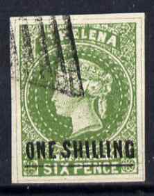 St Helena Forgery 1s on 6d green by ??? (West type 8, identified by additional frame line) 'used' single. (Please note: we have a modest stock of this item so the one you receive may not be identical to the one scanned), stamps on forgery, stamps on forgeries, stamps on 