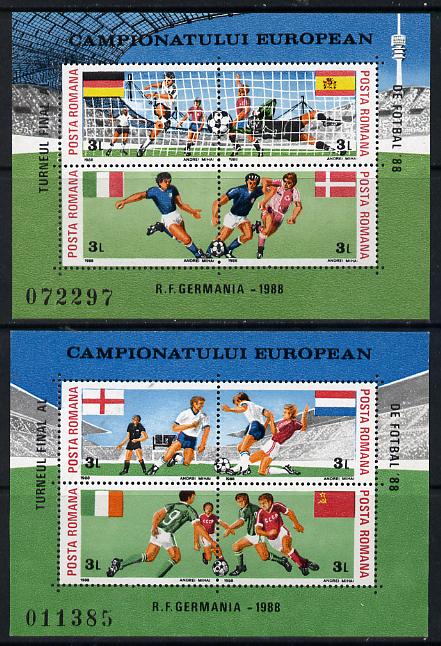 Rumania 1988 Football European Championship set of 8 contained within 2 m/sheets, Mi BL 241-42, stamps on football    sport 
