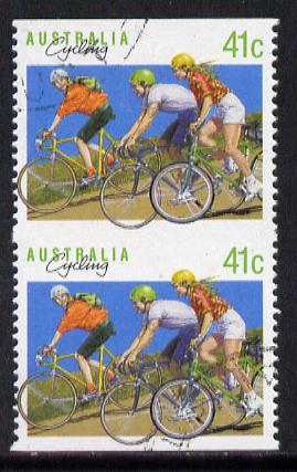 Australia 1989-94 Cycling 41c very fine used vert pair with horiz perfs omitted, SG 1180var, stamps on bicycles   transport