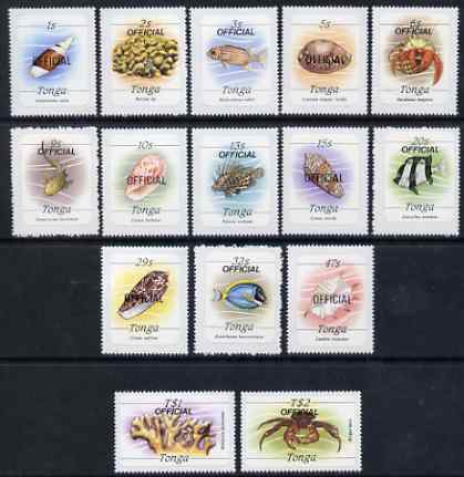 Tonga 1984-85 Marine Life self-adhesive set to 2p overprinted OFFICIAL (15 values) unmounted mint, SG O220-234, stamps on marine life, stamps on shells, stamps on crabs, stamps on self adhesives