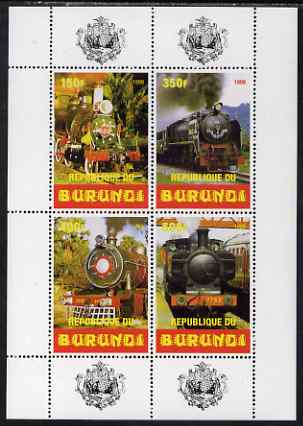 Burundi 1999 Steam Locos perf sheetlet containing 4 values unmounted mint , stamps on , stamps on  stamps on railways