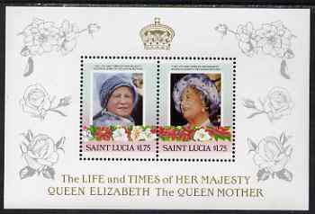 St Lucia 1985 Life & Times of HM Queen Mother (Leaders of the World) the unissued deluxe sheetlet containing 2 x $1.75, unmounted mint, similar to SG 838a, stamps on royalty, stamps on queen mother