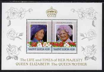 St Lucia 1985 Life & Times of HM Queen Mother (Leaders of the World) the unissued deluxe sheetlet containing 2 x $1.10, unmounted mint, similar to SG 836a, stamps on , stamps on  stamps on royalty, stamps on  stamps on queen mother