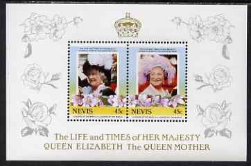 Nevis 1985 Life & Times of HM Queen Mother (Leaders of the World) the unissued deluxe sheetlet containing 2 x 45c, unmounted mint, similar to SG 309a, stamps on , stamps on  stamps on royalty, stamps on  stamps on queen mother