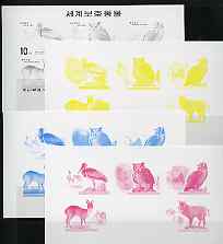 North Korea 2001 Endangered Species sheetlet containing 5 values - set of 4 imperf progressive proofs comprising the 4 individual colours (magenta, yellow, blue & black) unmounted mint as SG N4165-69, stamps on , stamps on  stamps on birds, stamps on  stamps on storks, stamps on  stamps on vultures, stamps on  stamps on deer, stamps on  stamps on animals, stamps on  stamps on birds of prey, stamps on  stamps on owls