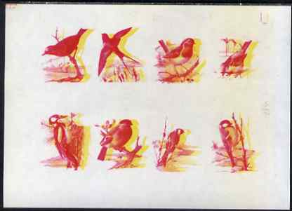 Calf of Man 1973 Birds - imperf proof sheet of 8 in magenta & yellow only, the two colours out of register, on gummed paper, unmounted mint , stamps on birds, stamps on starling, stamps on woodpecker, stamps on robin, stamps on goldfinch, stamps on , stamps on scouts