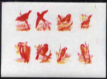 Calf of Man 1973 Birds - imperf proof sheet of 8 in magenta & yellow only, the magenta being doubled, on gummed paper, unmounted mint, stamps on , stamps on  stamps on birds, stamps on  stamps on starling, stamps on  stamps on woodpecker, stamps on  stamps on robin, stamps on  stamps on goldfinch, stamps on  stamps on , stamps on  stamps on scouts