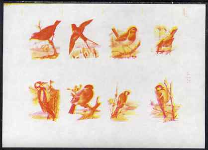 Calf of Man 1973 Birds - imperf proof sheet of 8 in magenta & yellow only, on gummed paper, unmounted mint, stamps on , stamps on  stamps on birds, stamps on  stamps on starling, stamps on  stamps on woodpecker, stamps on  stamps on robin, stamps on  stamps on goldfinch, stamps on  stamps on , stamps on  stamps on scouts