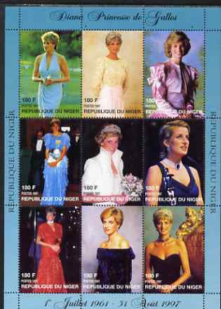 Niger Republic 1997 Princess Diana #1 perf sheetlet containing 9 values (various portraits) unmounted mint , stamps on royalty, stamps on diana