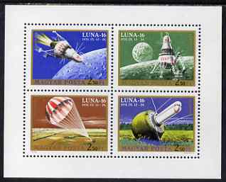 Hungary 1971 Lunar 16 Space Mission perf m/sheet containing set of 4 unmounted mint, SG MS 2571, stamps on , stamps on  stamps on space, stamps on  stamps on parachutes, stamps on  stamps on rockets