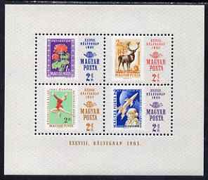 Hungary 1965 Stamp Day perf m/sheet containing set of 4 values unmounted mint, SG MS 2131, stamps on , stamps on  stamps on postal, stamps on  stamps on flowers, stamps on  stamps on stamp on stamp, stamps on  stamps on stamponstamp, stamps on  stamps on deer, stamps on  stamps on space