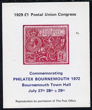 Exhibition souvenir sheet for 1972 Bournemouth Philatex Stamp showing Great Britain PUC £1 value in red unmounted mint, stamps on , stamps on  stamps on stamp on stamp, stamps on  stamps on royalty, stamps on  stamps on cinderella, stamps on  stamps on stamp exhibitions, stamps on  stamps on dragons, stamps on  stamps on st george, stamps on  stamps on stamponstamp