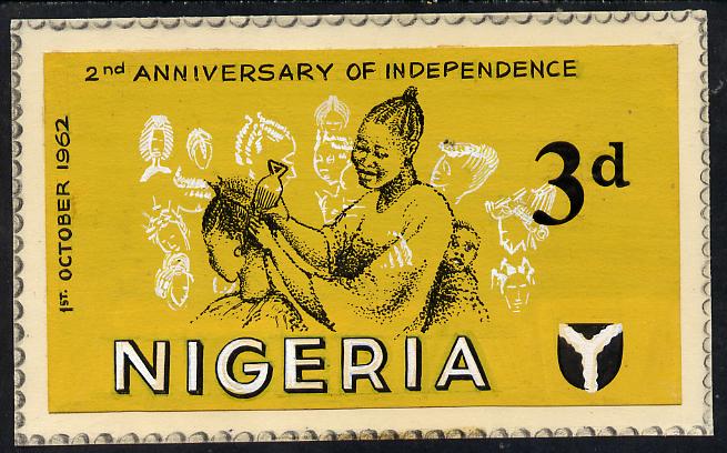 Nigeria 1962 Second Anniversary of Independence - original hand-painted artwork for 3d value (Women's Hairdressing) by unknown artist on card 6.5 x 4, stamps on , stamps on  stamps on fashion     women