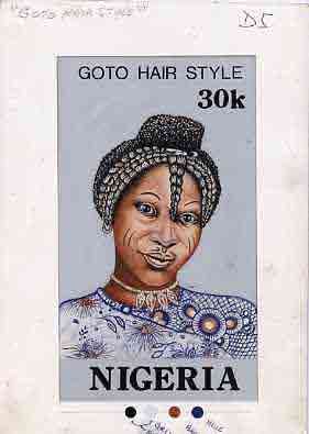 Nigeria 1987 Womens Hairstyles - original hand-painted artwork for 30k value (Goto Hair style) by unknown artist on card 5 x 8.5 endorsed D5, stamps on fashion, stamps on women, stamps on hair