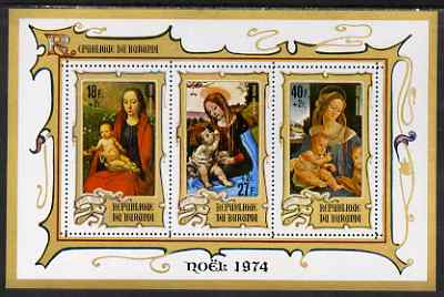 Burundi 1974 Christmas Charity perf msheet (18f+2f, 27f+2f & 40f+2f) unmounted mint, SG MS1011b, stamps on , stamps on  stamps on christmas, stamps on  stamps on arts, stamps on  stamps on 