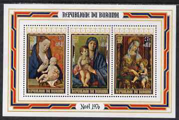 Burundi 1976 Christmas Charity perf msheet (5f+2f, 13f+2f & 27f+2f) unmounted mint, SG MS1161a, stamps on christmas, stamps on arts, stamps on 