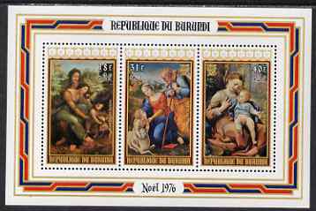 Burundi 1976 Christmas Charity perf msheet (18f+2f, 31f+2f & 40f+2f) unmounted mint, SG MS1161b, stamps on christmas, stamps on arts, stamps on leonardo, stamps on raphael, stamps on correggio