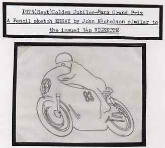 Isle of Man 1973 original pencil sketch artwork by John Nicholson for the 3.5p Golden Jubilee Tourist Trophy Races issue showing bike No. 83 (with fairing) plus imperf example of issued stamp - probably a normal with perfs trimmed off, stamps on , stamps on stamps on sport, stamps on stamps on motorbikes
