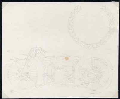 Isle of Man 1975 original pencil sketch artwork by John Nicholson for the 5.5p Tourist Trophy Races issue showing Douglas bike & Laurel Leaves (as issued but reversed) pl..., stamps on sport, stamps on motorbikes