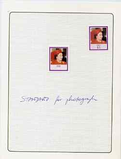 Fiji 1986 QueenD5s 60th Birthday paste-up Proof in Format folder comprising the frame pasted over a photo-print of the issued $1 stamp but without value or Silver printing. Complete with issued stamp, the proof is endorsed D4Standard for PhotographD5 and is almost certainly unique, stamps on , stamps on stamps on royalty