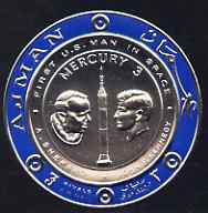 Ajman 1969 First Man on the Moon (4) Coin shaped 3r in silver foil showing Mercury 3, Sheperd & Kennedy unmounted mint, Mi 472, stamps on space, stamps on kennedy