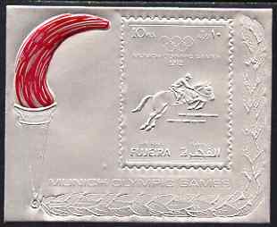 Fujeira 1972 Munich Olympic Games 10r Show-Jumping Airmail m/sheet embossed in silver foil unmounted mint as Mi BL 110A, stamps on , stamps on  stamps on sport, stamps on  stamps on olympics, stamps on  stamps on horses, stamps on  stamps on show jumping