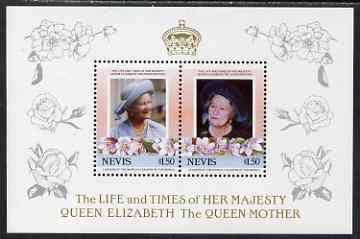 Nevis 1985 Life & Times of HM Queen Mother (Leaders of the World) the unissued deluxe sheetlet containing 2 x $1.50, unmounted mint, similar to SG 315a, stamps on , stamps on  stamps on royalty, stamps on  stamps on queen mother