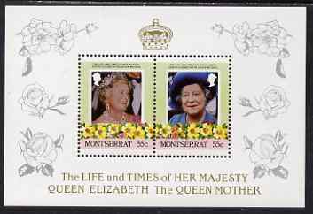 Montserrat 1985 Life & Times of HM Queen Mother (Leaders of the World) the unissued deluxe sheetlet containing 2 x 55c, unmounted mint, similar to SG 636a, stamps on royalty, stamps on queen mother