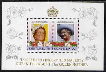 St Lucia 1985 Life & Times of HM Queen Mother (Leaders of the World) the unissued deluxe sheetlet containing 2 x 75c, unmounted mint, similar to SG 834a, stamps on , stamps on  stamps on royalty, stamps on  stamps on queen mother