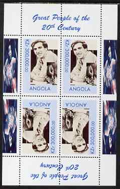 Angola 1999 Great People of the 20th Century - Bobby Fischer perf sheetlet of 4 (2 tete-beche pairs) unmounted mint. Note this item is privately produced and is offered purely on its thematic appeal, stamps on personalities, stamps on millennium, stamps on chess