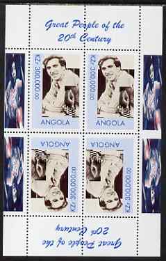 Angola 1999 Great People of the 20th Century - Bobby Fischer perf sheetlet of 4 (2 tete-beche pairs) unmounted mint. Note this item is privately produced and is offered purely on its thematic appeal, stamps on , stamps on  stamps on personalities, stamps on  stamps on millennium, stamps on  stamps on chess