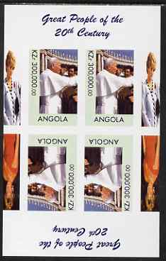 Angola 1999 Great People of the 20th Century - The Pope imperf sheetlet of 4 (2 tete-beche pairs with the Diana in margin) unmounted mint. Note this item is privately produced and is offered purely on its thematic appeal, stamps on , stamps on  stamps on personalities, stamps on pope, stamps on royalty, stamps on diana, stamps on millennium