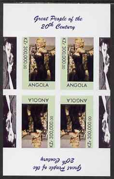 Angola 1999 Great People of the 20th Century - Marilyn Monroe imperf sheetlet containing 4 values (2 tete-beche pairs with Elvis in margin) unmounted mint. Note this item is privately produced and is offered purely on its thematic appeal, stamps on music, stamps on personalities, stamps on elvis, stamps on entertainments, stamps on films, stamps on cinema, stamps on marilyn monroe, stamps on millennium