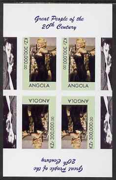 Angola 1999 Great People of the 20th Century - Marilyn Monroe imperf sheetlet containing 4 values (2 tete-beche pairs with Elvis in margin) unmounted mint. Note this item is privately produced and is offered purely on its thematic appeal, stamps on , stamps on  stamps on music, stamps on personalities, stamps on elvis, stamps on entertainments, stamps on films, stamps on cinema, stamps on marilyn monroe, stamps on millennium