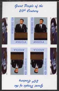 Angola 1999 Great People of the 20th Century - John Kennedy imperf sheetlet of 4 (2 tete-beche pairs) unmounted mint. Note this item is privately produced and is offered purely on its thematic appeal, stamps on , stamps on  stamps on personalities, stamps on constitutions, stamps on kennedy, stamps on millennium