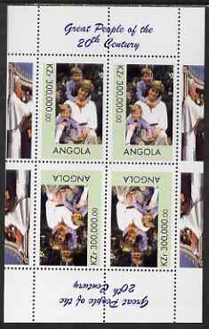 Angola 1999 Great People of the 20th Century - Princess Diana with Harry & William perf sheetlet containing 4 values (2 tete-beche pairs with the Pope in margin) unmounte...