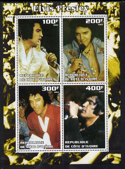 Ivory Coast 2003 Elvis Presley #2 perf sheetlet containing 4 values, unmounted mint, stamps on elvis, stamps on music, stamps on entertainments, stamps on films, stamps on cinema