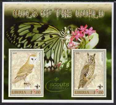 Liberia 2005 Owls of the World perf sheetlet containing 2 values unmounted mint (Butterfly & Scouts Logo in background), stamps on birds, stamps on birds of prey, stamps on owls, stamps on butterflies, stamps on scouts