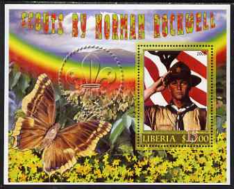 Liberia 2006 Scouts by Norman Rockwell #2 perf m/sheet with Butterfly, unmounted mint, stamps on , stamps on  stamps on scouts, stamps on  stamps on rockwell, stamps on  stamps on arts, stamps on  stamps on butterflies, stamps on  stamps on rainbows